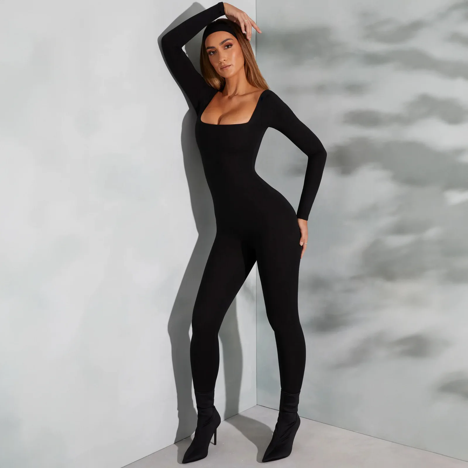 2025 Fashion New Style Casual Elegant Solid Color Sexy Long Sleeve Tight Waist Waist And Butt Lifting Square Neck Jumpsuit