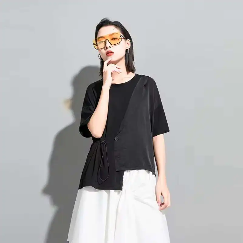 Ladies Short Sleeve T-Shirt Street Hip Hop Personality Stitching Asymmetrical False Two Sets Of New Summer Large Short Sleeve
