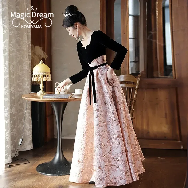 Customized Square Collar Long Sleeve Wedding Party Vestidos Slim Waist Lace-up Design Prom Dresses Patchwork Temperament Evening