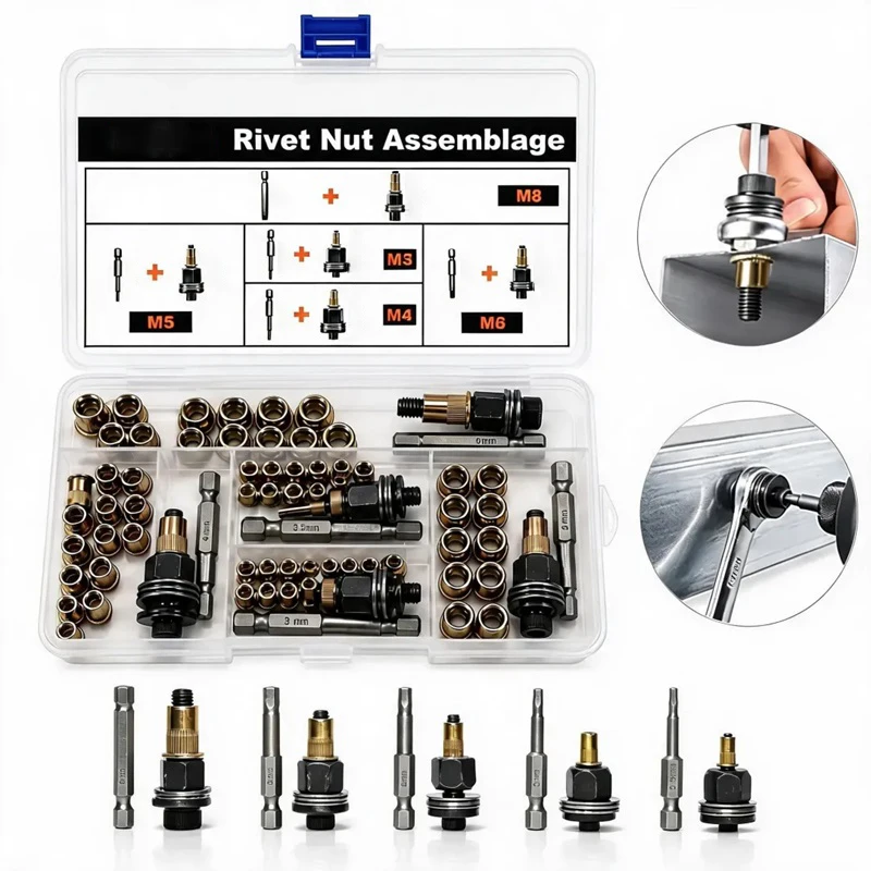 Carbon Steel Rivet Nut Tool Set M3 M4 M5 M6 M8 Metric Head Threaded Rivnut Kit for Sheet Metal Auto Furniture DIY Repair