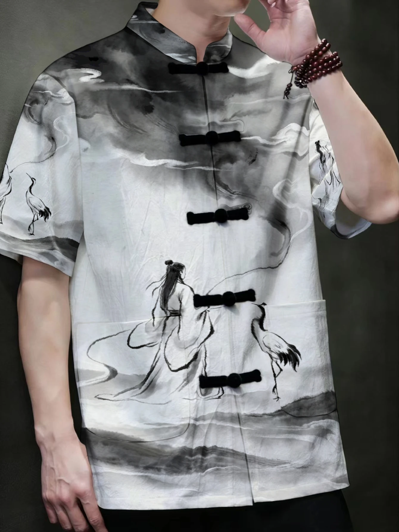 Men Men Chinese Ink Painting Tang Suit Short Sleeve Jacket Mandarin Collar Frog Button Ancient Figure Crane Cloud Print Loose Open F - Aliexpress Deal
