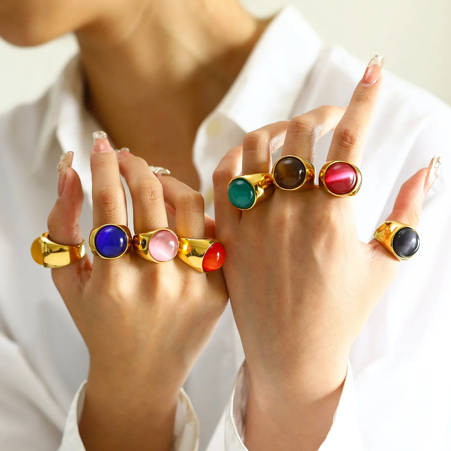 Vintage Multicolour Cat's Eye Stone Chunky Rings Colour Opal Glass 18K Gold Plated Knuckle Ring Stainless Steel Designer Jewelry