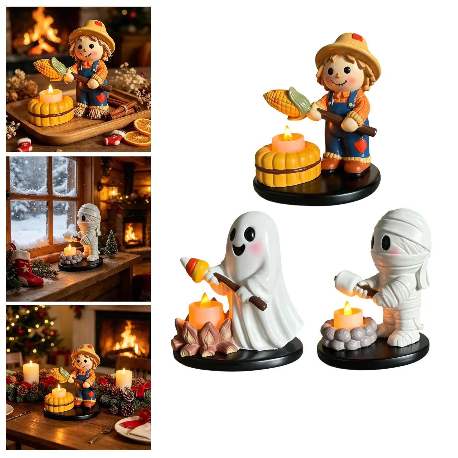 Tealight Candle Holder Resin Halloween Campfire Design Tabletop Decoration Centerpiece for Home Office Festive Glow
