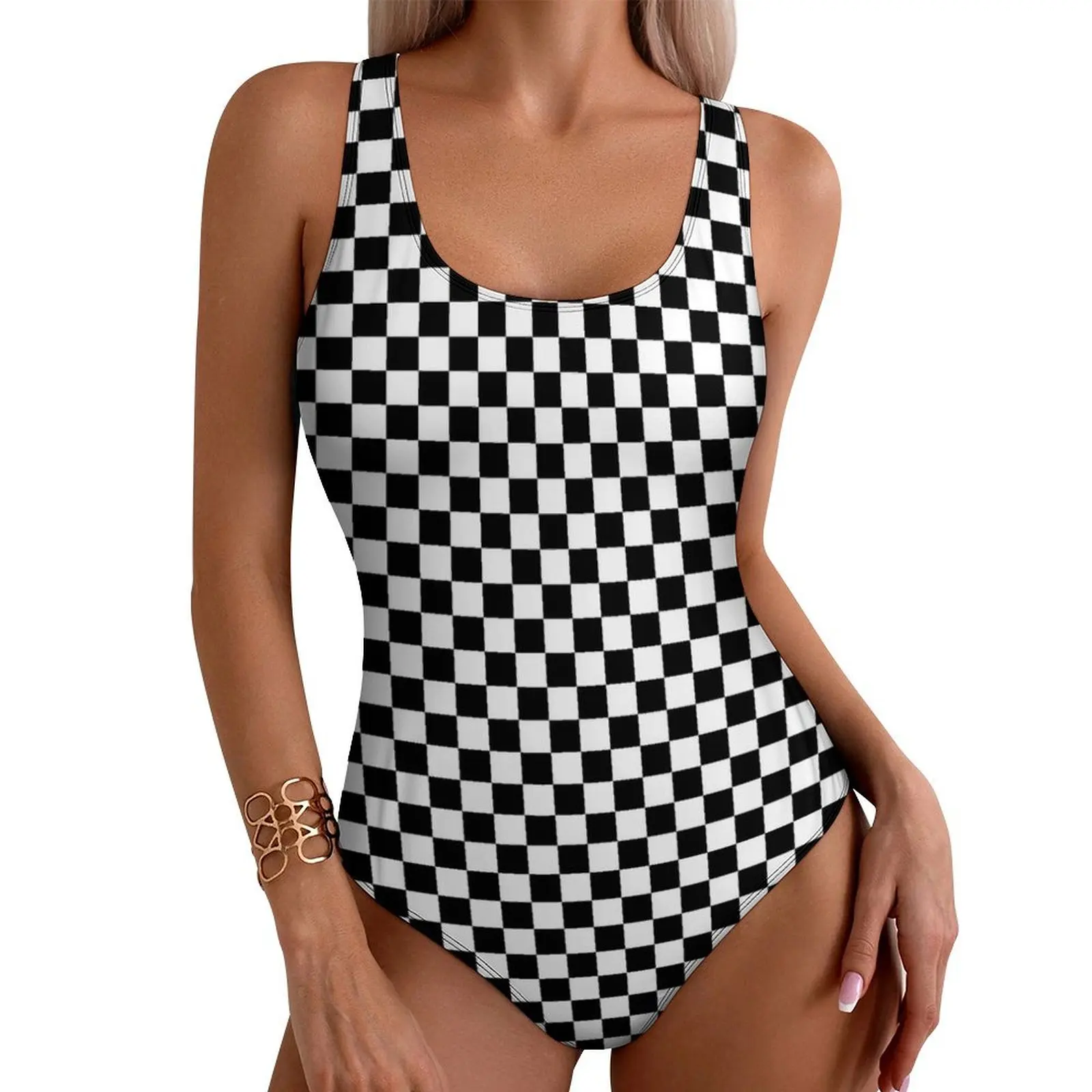 

Black And White Check Print Swimsuit Sexy Checkerboard Style Female Swimwear One Piece Bodysuit Sport Push Up High Cut Beachwear