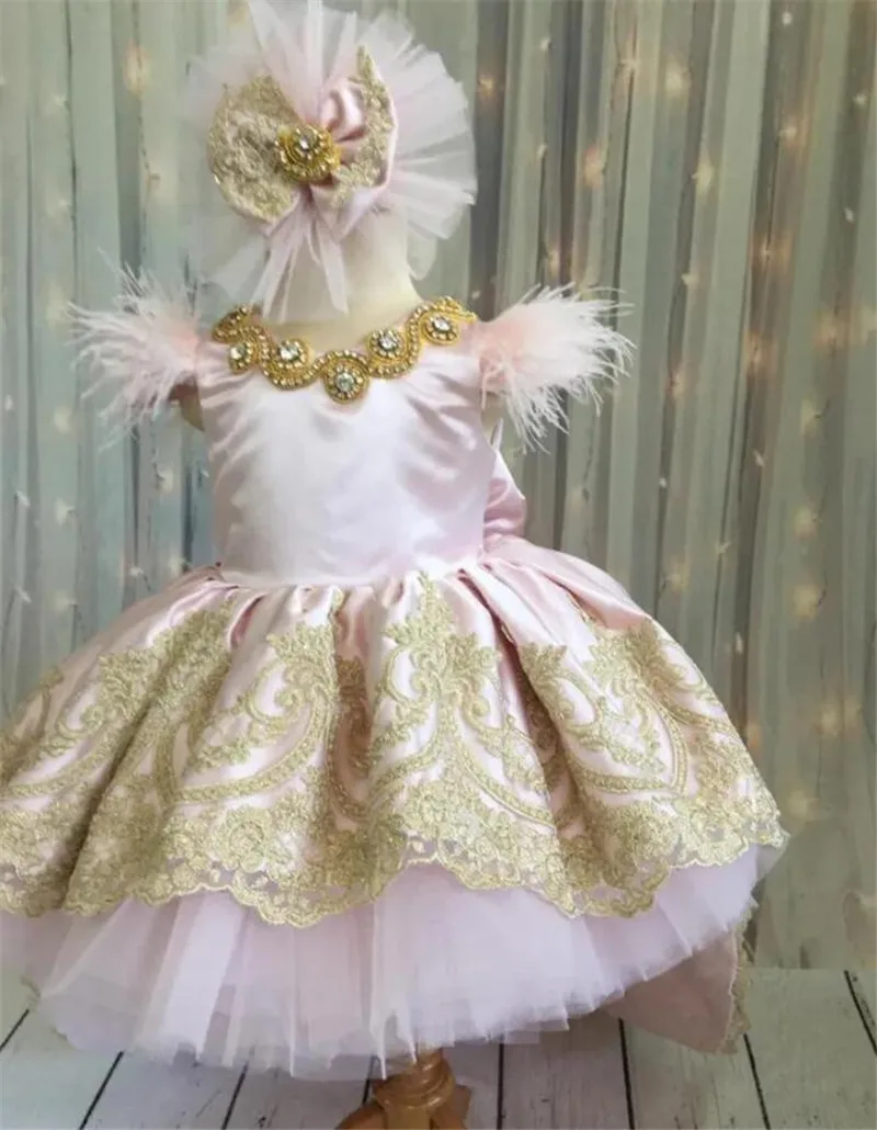 Vestidos hinchados de flores para niña, manga de plumas, Apliques de encaje, boda, evento, fiesta, cumpleaños, primera comunión