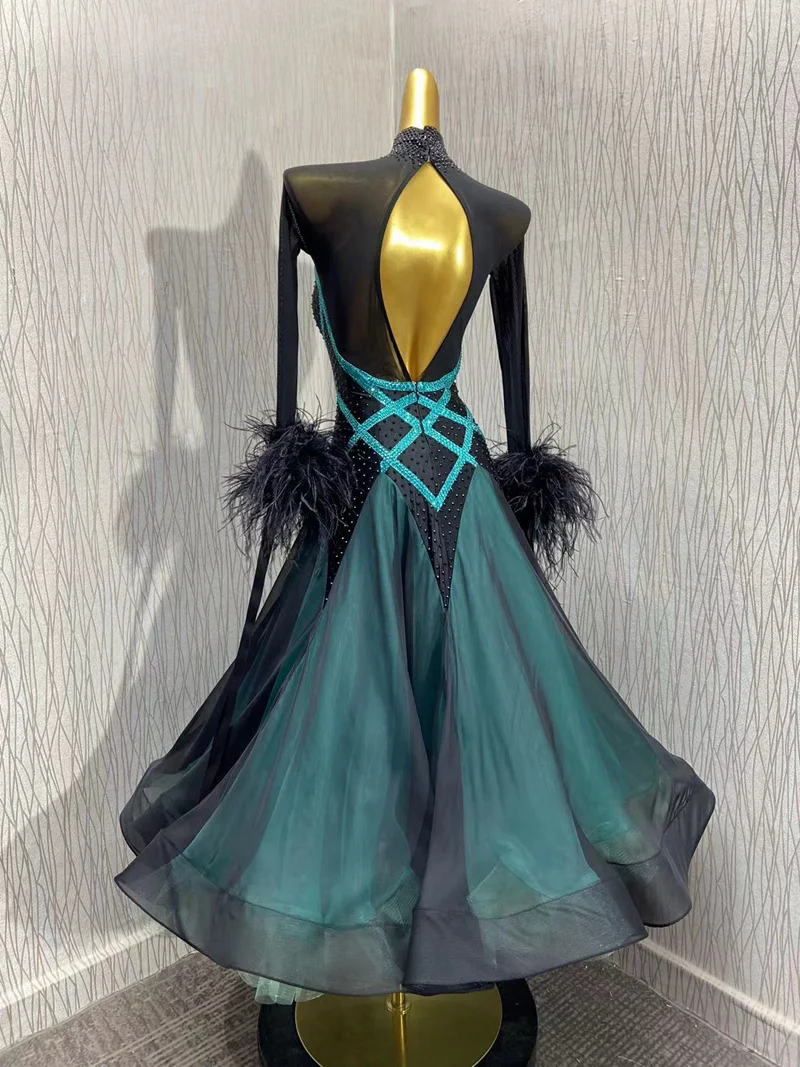 Robe de danse Standard pour compétition, robe de danse de salon, robe de danse de valse, costume de scène, plumes d'autruche noires