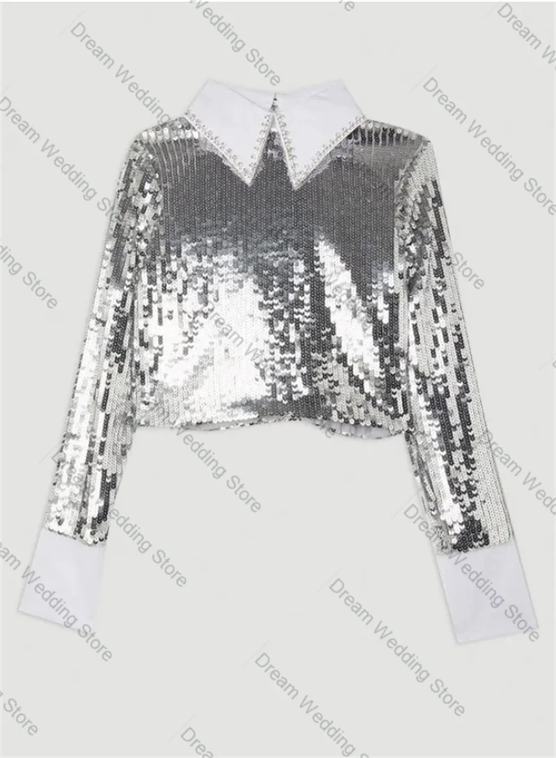Shiny Sliver Sequins Women Suit Skirt Set 2 Pcs Blazer Prom Dress Formal Office Lady Jacket Customized Guest Wedding Coat