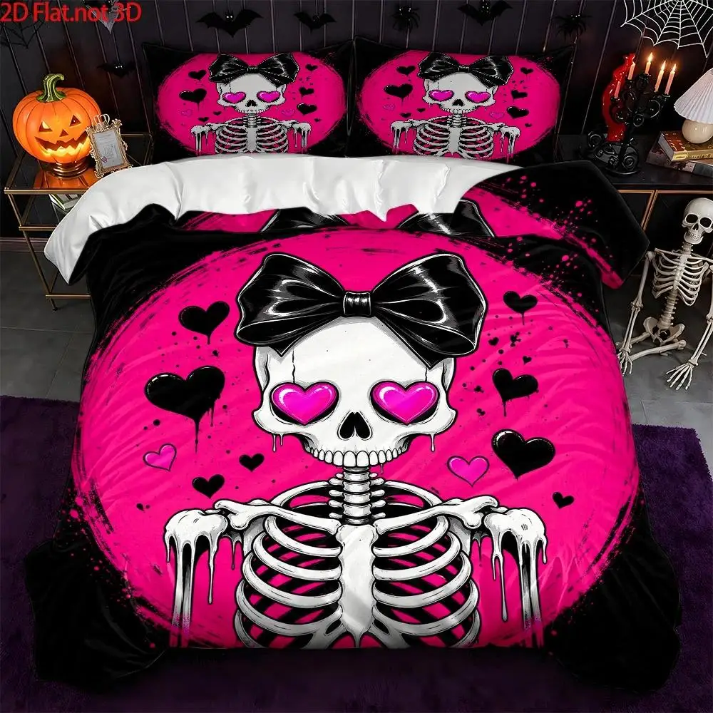 3Pc Pink Halloween Skull Bowknot Bedding Set (1*Duvet Cover + 2*Pillowcases), Comforter Sets Quilt Cover Bedding Set Breathable Polyester Invisible Zipper Machine Washable