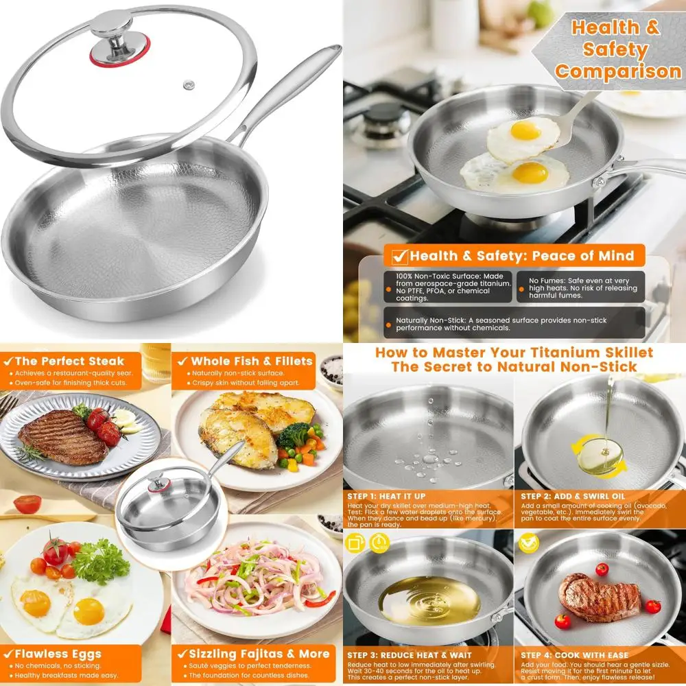 

11.02 Inch Titanium Non-Stick Frying Pan with Lid - Scratch-Resistant, Even Heat Distribution Cookware for All Cooking Needs