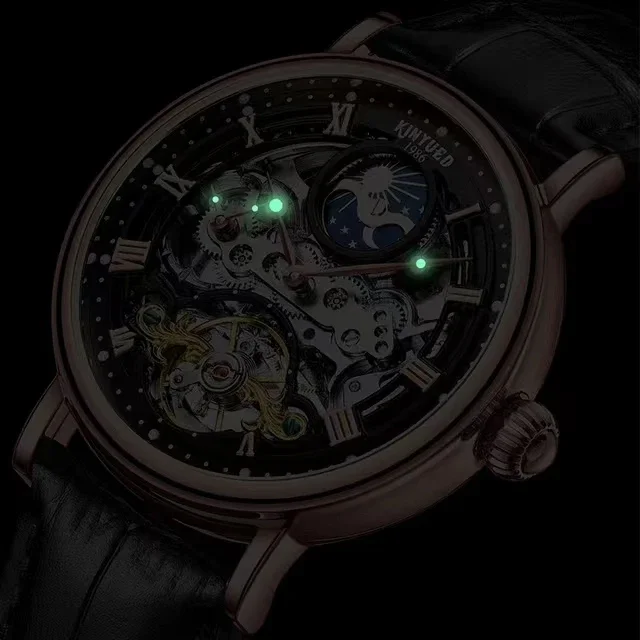 KINYUED J117 orologio meccanico automatico per uomo volano scava fuori orologi meccanici multifunzionali orologio da polso con cinturino in pelle