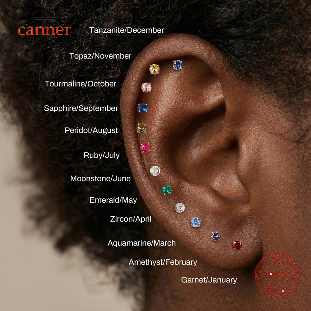 CANNER 1PC 925 Sterling Silver Colorful Birthstone Stud 3mm CZ Piercing Earring for Women 18K Gold Plated Sunmmer Body Jewelry
