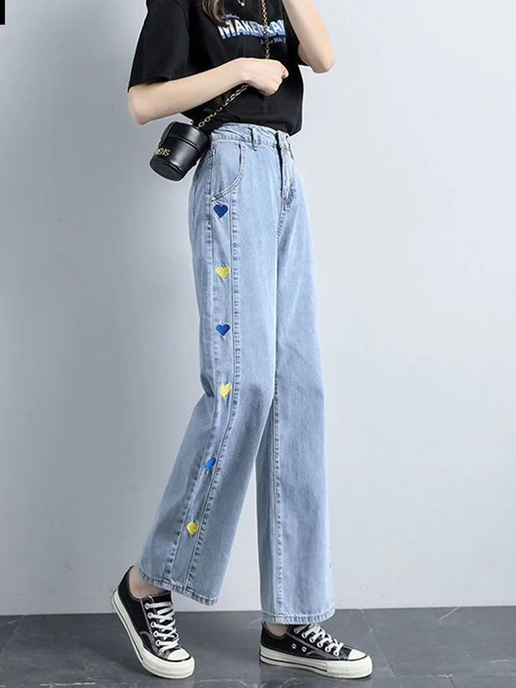 Damskie luźne jeansy z haftowanym motywem \"Love\", z wysokim stanem, w stylu koreańskim, casualowe spodnie dżinsowe, vintage, proste, z szerokimi nogawkami, vaqueros.