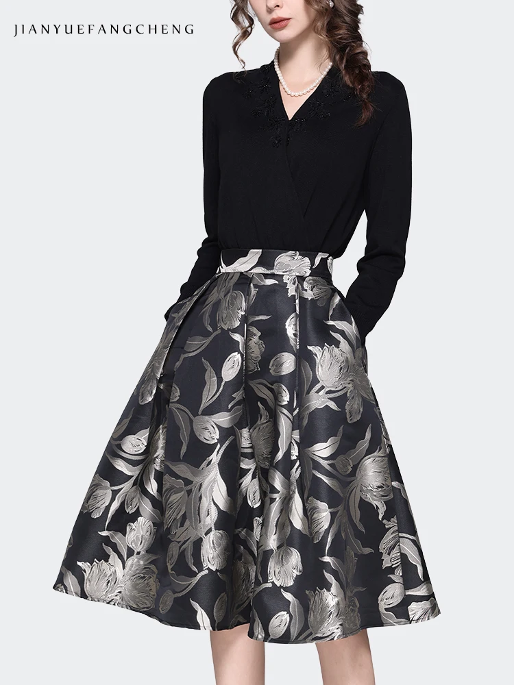 تنورة نسائية بنمط زهري متوسط الطول مع جيوب ، خصر مرتفع ، على شكل خط ، مطوي ، بطول الركبة ، توتو ، رمادي ، ربيع ، جديد ،