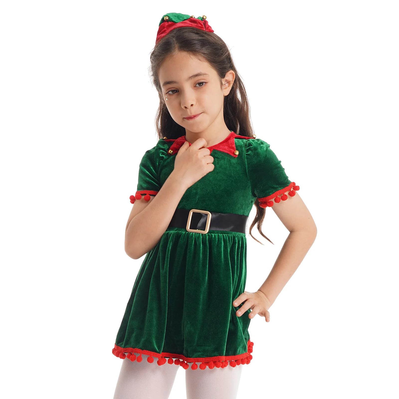 Kids Girls Christmas Costume Tassel Sleeves Clown Collar Fringe Border Red Velvet Dress with Santa Hat And Belt Christmas Dress