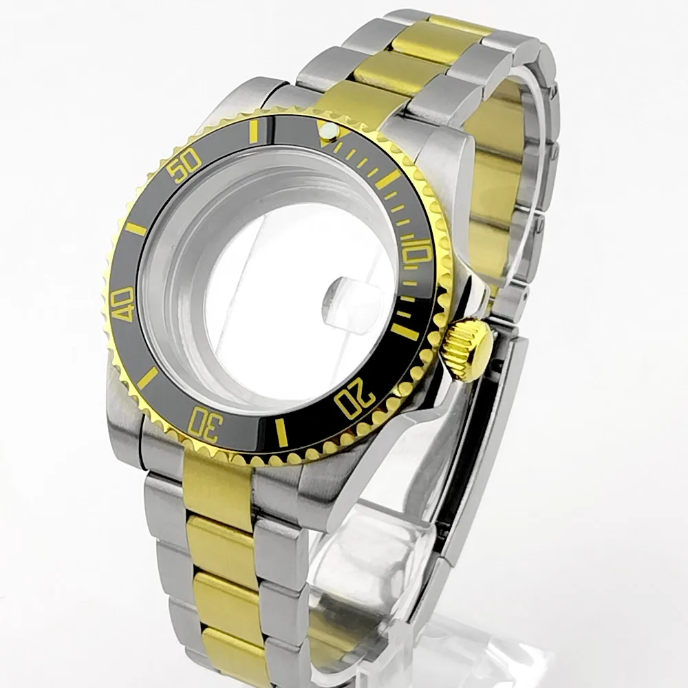 40,5-mm-Gehäuse für mechanische Uhren, passend für NH35- und NH36-Uhrwerke, Saphirglas, SUB-Edelstahlgehäuse in Gold, Uhrenteile und -zubehör. – Detail 1