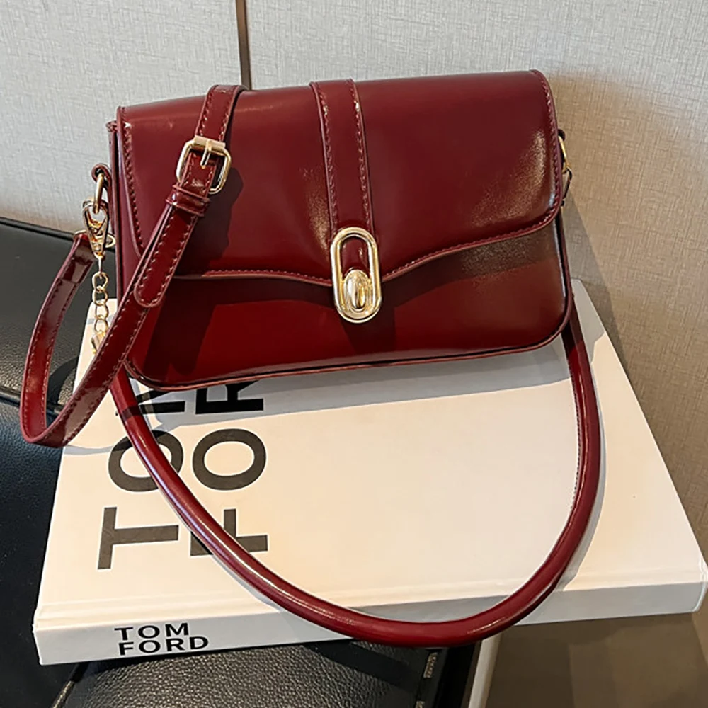 Women's Trendy Burgundy Bag Spring New Glossy Pu Buckle Zipper Crossbody Bags Shopping Commute All-Match Shoulder Packs