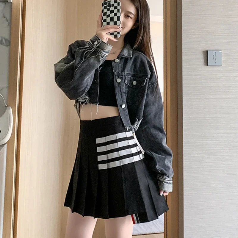 Korea Style Fashion Black Pleated Skirt for Girls Grey A Line High Waist Y2k Mini Saias Casual Women's Skirt Spring Summer