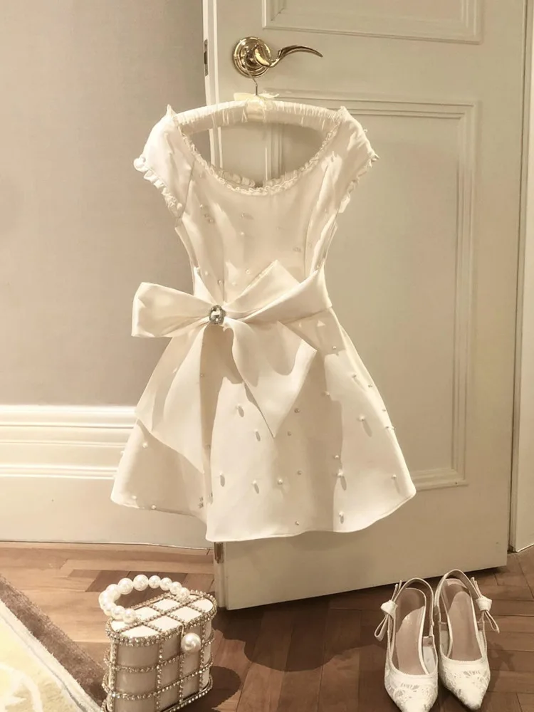 Letnie Eleganckie Damskie Francuskie Słodkie Sukienki Y2k Kokarda Vintage Sukienka na Bal Dziewczęca Wróżkowa Szykowna Koreańskie Popularne Ubrania 2025 Chic