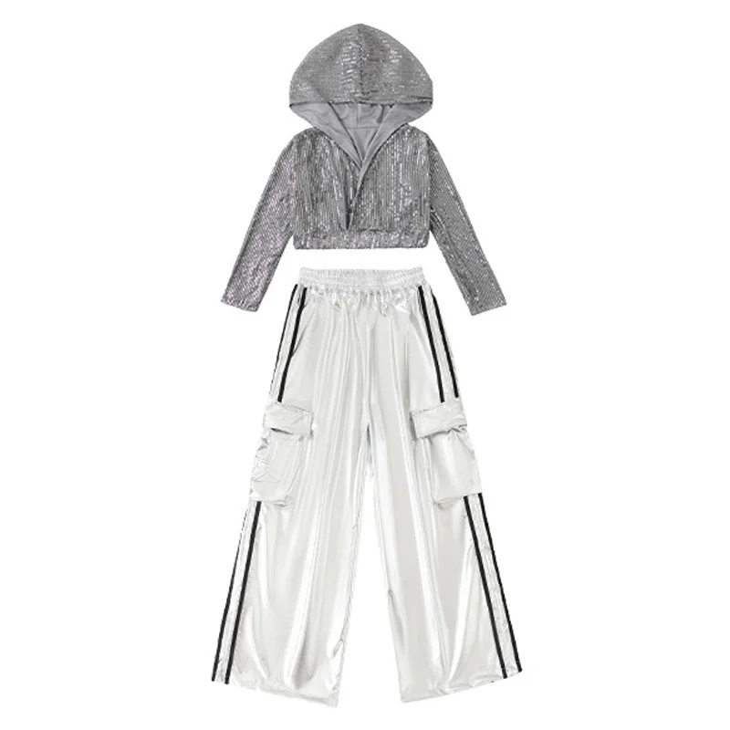 Kinder Hip Hop Street Kleidung Silber Pailletten Jacke Schwarz Reißverschluss Shorts Silber Hosen für Mädchen Streetwear Jazz Dance Kleidung