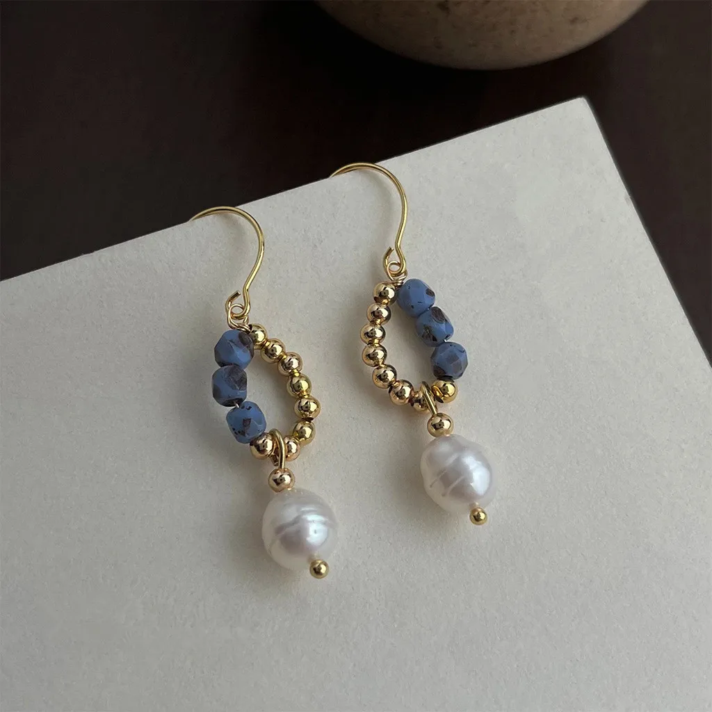 

Elegant Glass Beads Natural Pearls Drop Earrings for Women Sweet Metal Circle Earrings Fashion Girl Jewelry Accessories