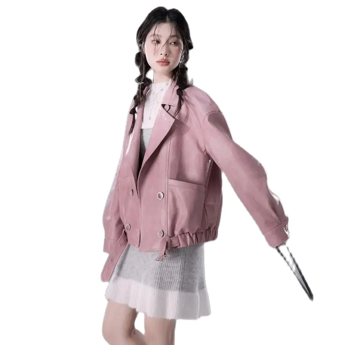 Korea Gradient Lederjacke elegante Vintage Revers Langarm Mantel Frühling Mode Dame High Street Oberbekleidung