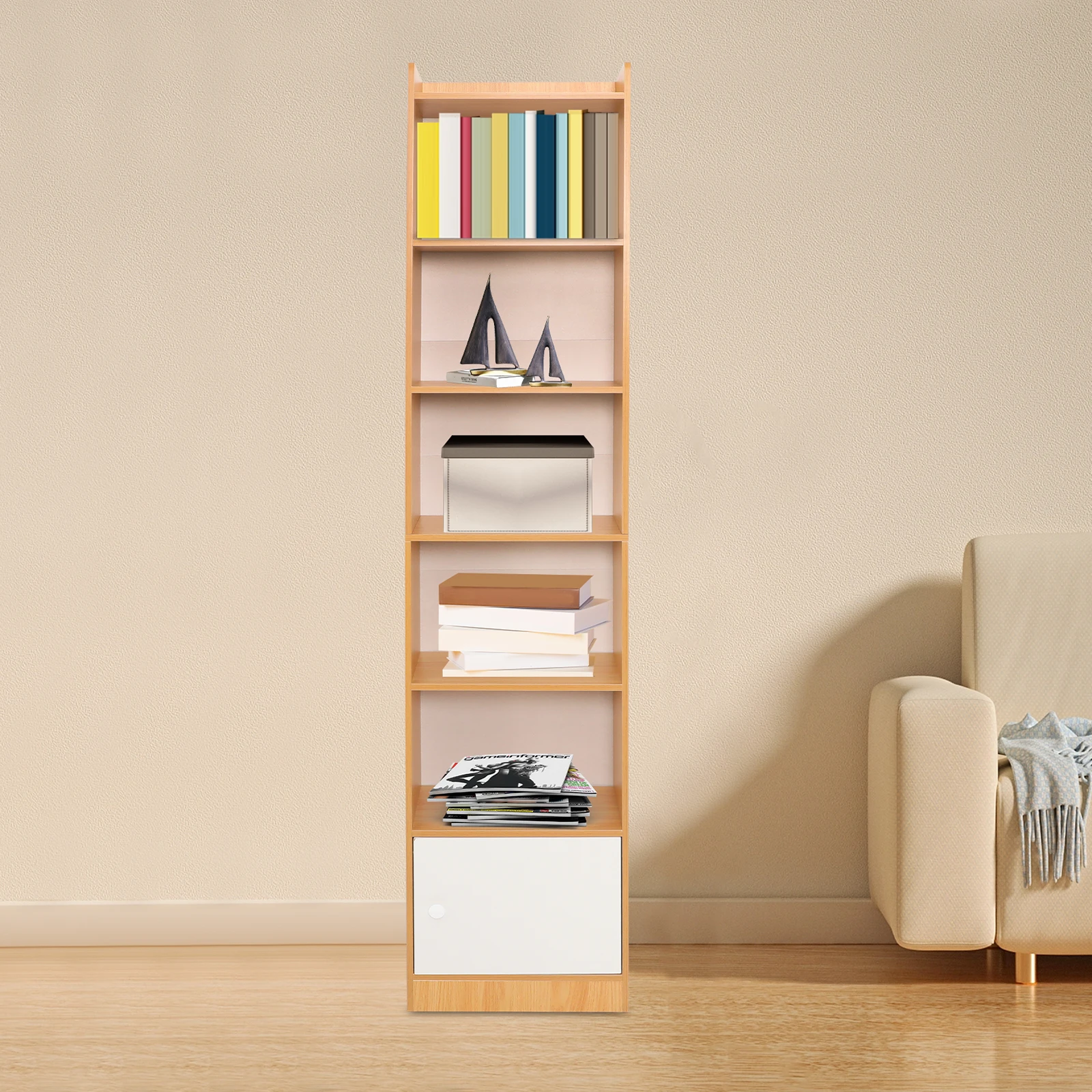 

Small Narrow Corner Bookcase - 71.26" Tall Free Standing Gap Storage Cabinet, 6 Tiers Open Shelves Tower Rack with Door