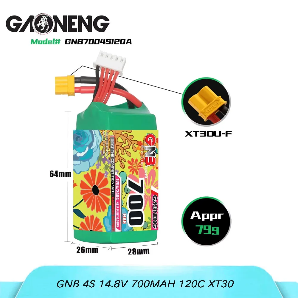GNB GAONENG GNB 4S 14.8V 700mAh 120C lithium battery with XT30 connector, suitable for FPV drones and quadcopters.