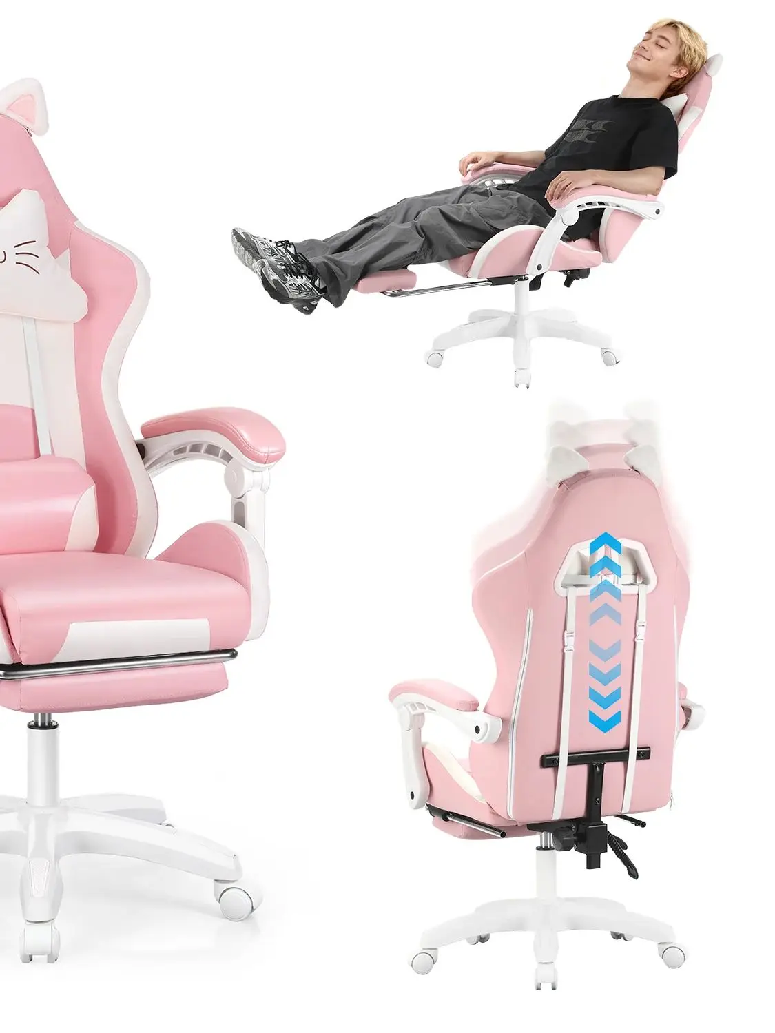 Gamingstoel met kattenoren, computerfauteuil met voetsteun en lendensteun, in hoogte verstelbare gamestoel, 360° ° -Draaistoel - afbeelding 2