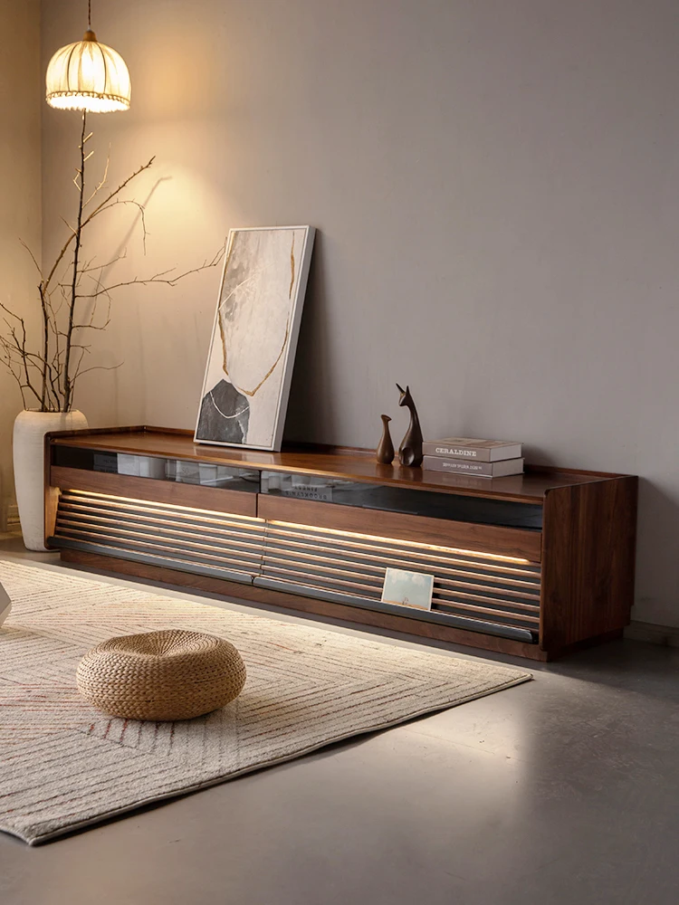 12North America Black Walnut Wooden TV Cabinet with Light Nordic Solid Wood Living Room Floor Audiovisual Cabinet