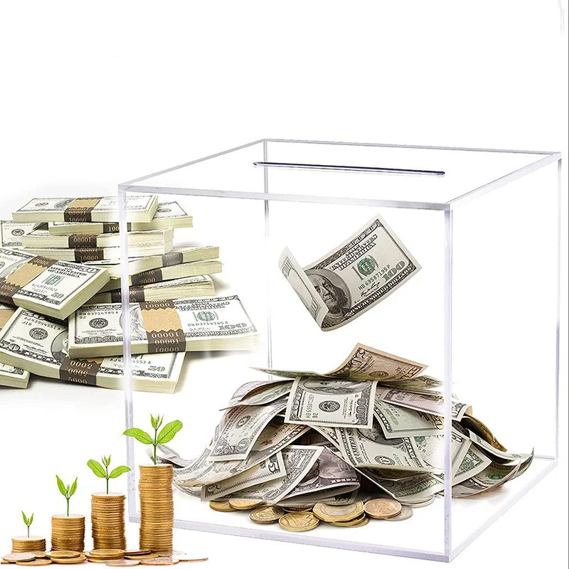

Transparent Acrylic Coin Money Box Saving Large Capacity Piggy Bank No Out Square Banknote Box 12 /15 /18CM Home Decoration