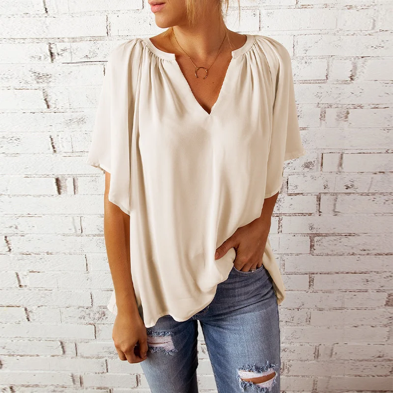 Summer Women's Casual T-irt Blouse Street Sle Loose Fit V-Ne ort Sve Polyester Chiffon Top for Middle-Aged Ladies