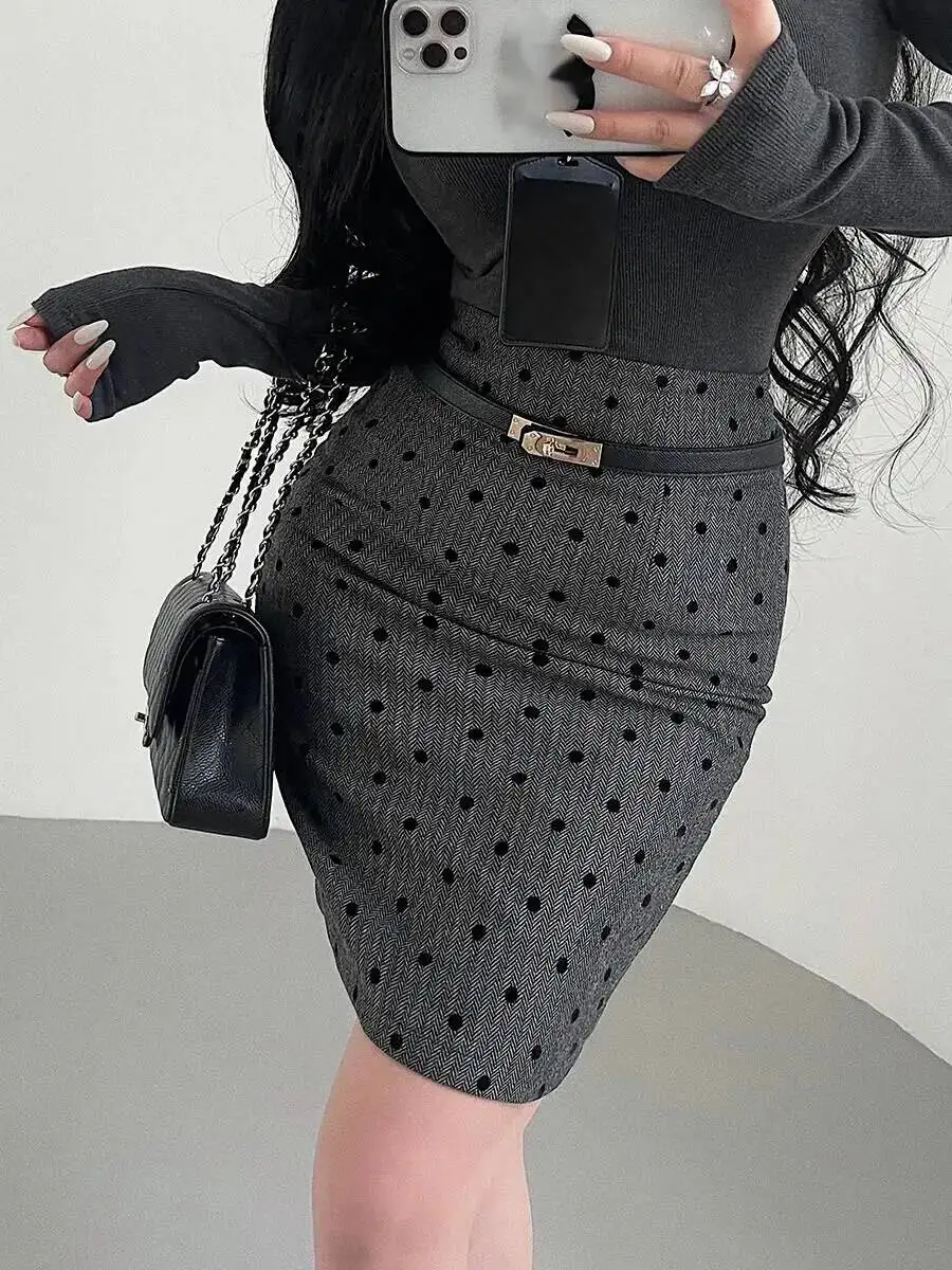 Korean Style Pure Desire Style High Waist Slimming Plush Polka Dot Mid Length Skirt Waist Belt Fashion Sexy Mini Skirts GJ46