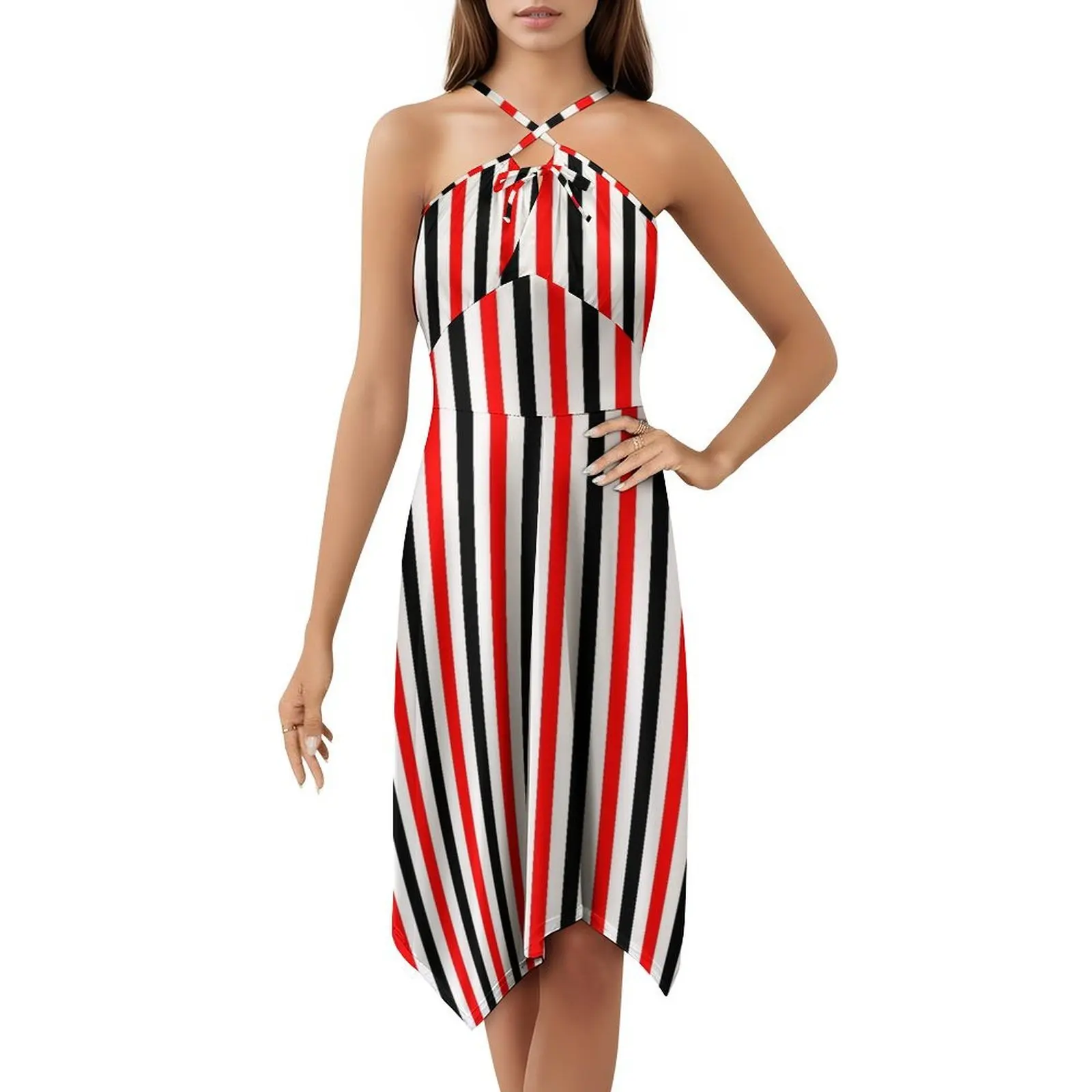 Red White Black Stripes Pattern Bohemian Sleeveless Dress Multi-Print Beach Vacation Party Dress Red Stripes Pattern Black view 5