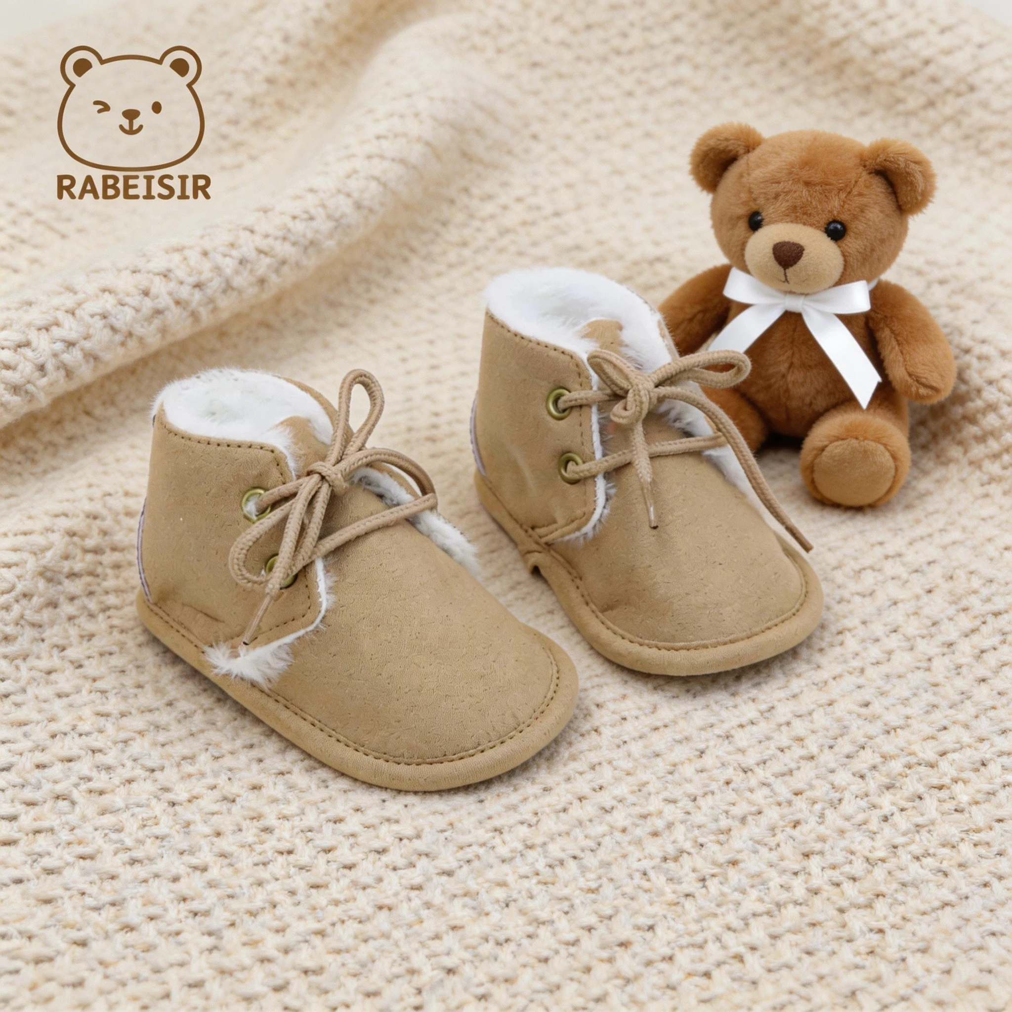 Baby Snow Boots Boy Girl Lace Up Fur Lined Winter Casual Soft Sole Lightweight Khaki Infant First Walkers 0-18M