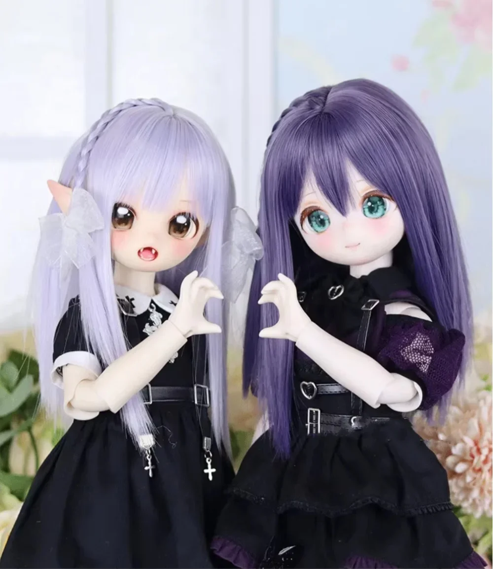 BJD 1/3 1/4 Long Braided Straight Hair Wig With Bow Dark/Light Purple  MDD Hair Accessories Doll Wigs