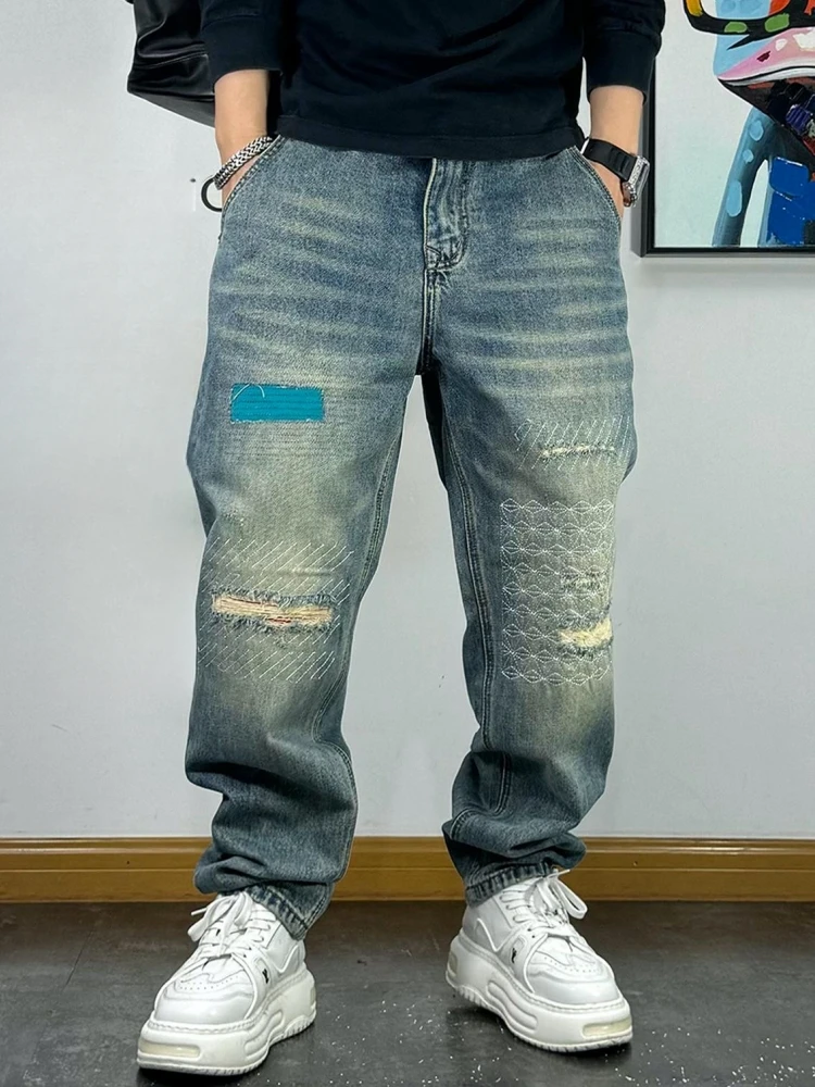 High Quality Hip Hop Ripped Patch Jeans For Men Vintage Embroidery Denim Skateboard Pants Streetwear Straight-Leg Trousers Male