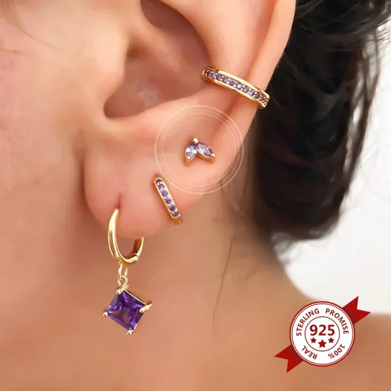 925 Sterling Silver Needle Gold Purple Zircon Crystal Hoop Earrings for Women Delicacy Heart Pendant Earrings Wedding Jewelry