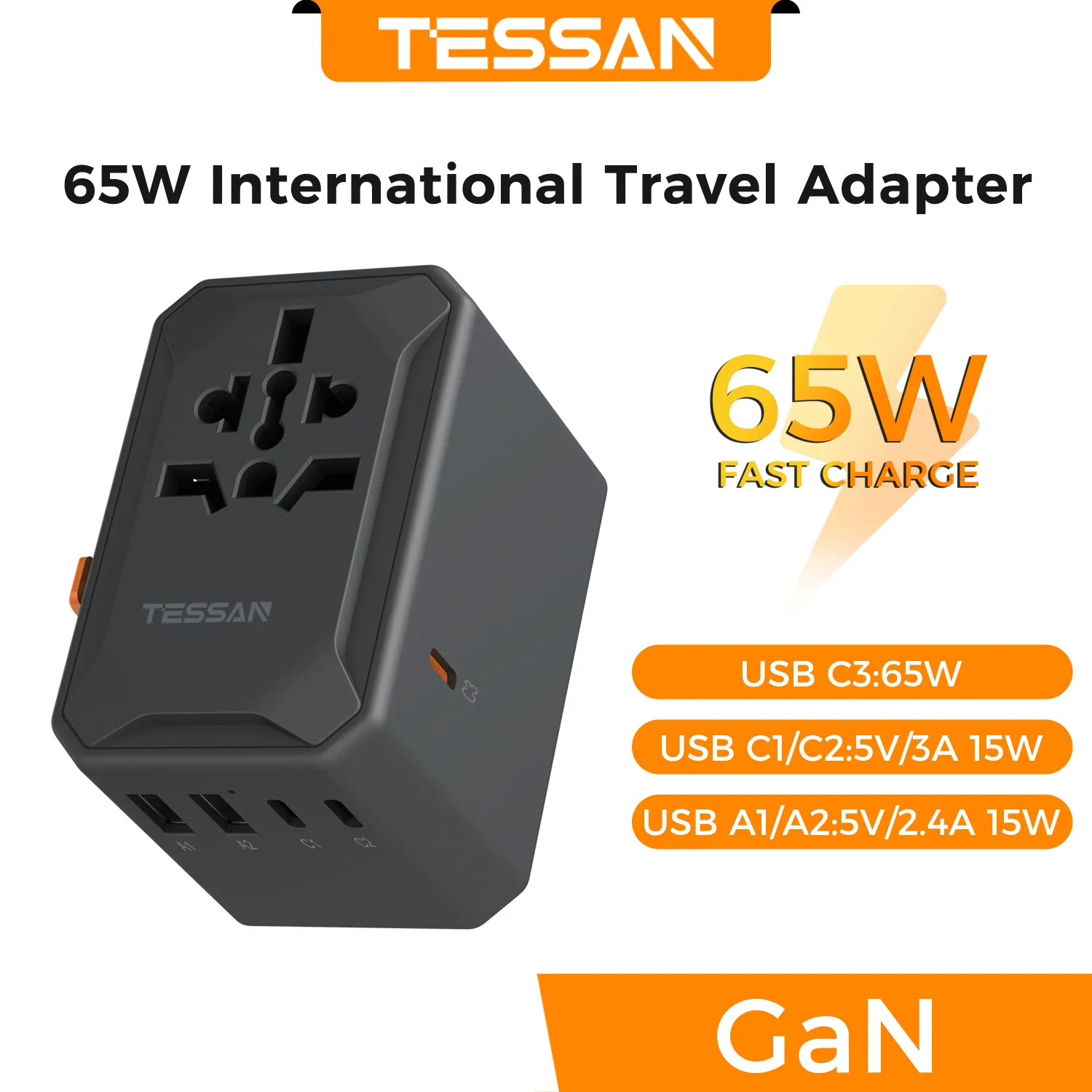 TESSAN 65W 100W 140W PD snellader GaN universele reisadapter met 5/4 USB-poorten Type C snelladen internationale oplader