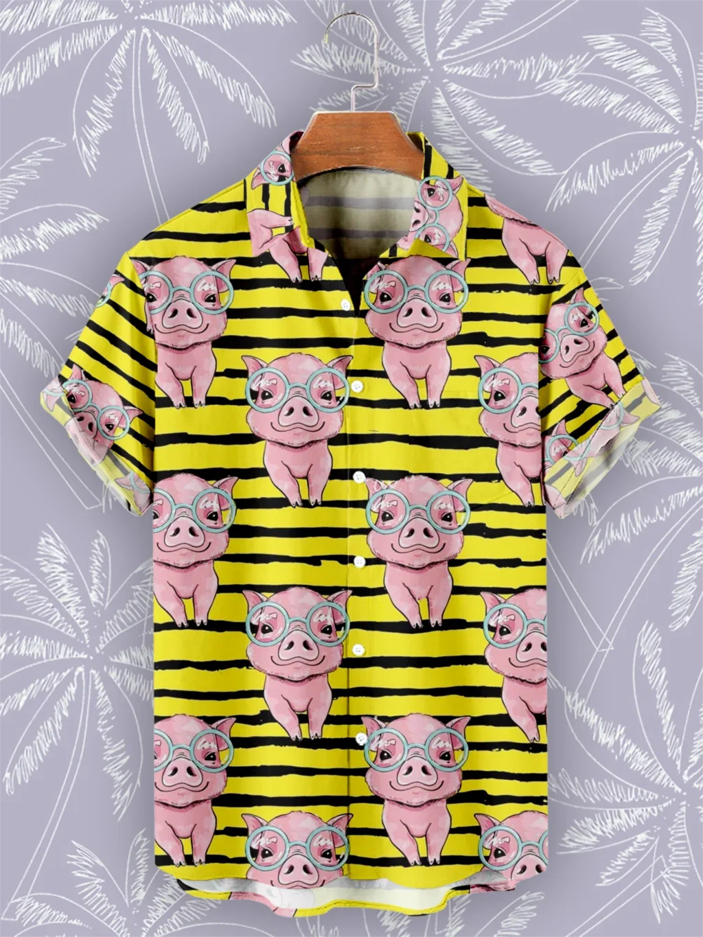 Pig Cartoon Hawaiian Shirts Man Stripe Short Sleeve Fashion 3D Print Cuba Tops Casual Yellow Shirts for Men Beach Blouses