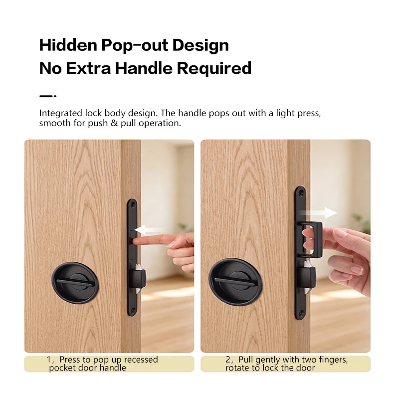 Pocket Door Lock Hidden Sliding Door Lock Push Pop Handle Invisible Integrated Bathroom Bedroom Privacy Lock Hardware Kit 301