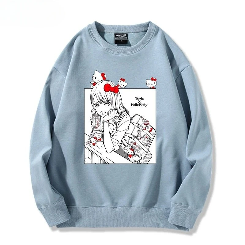 Hello Kitty Junji Ito Tomie Sweatshirt with Cute Pattern Print Retro Fashion Pure Cotton Anime Men's and Women's Pullover