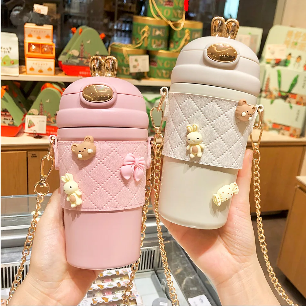 Straw Thermos Cup Women's High Appearance Level Cup Delicate Advanced Crossbody Portable 304 Stainless Steel Water Cup