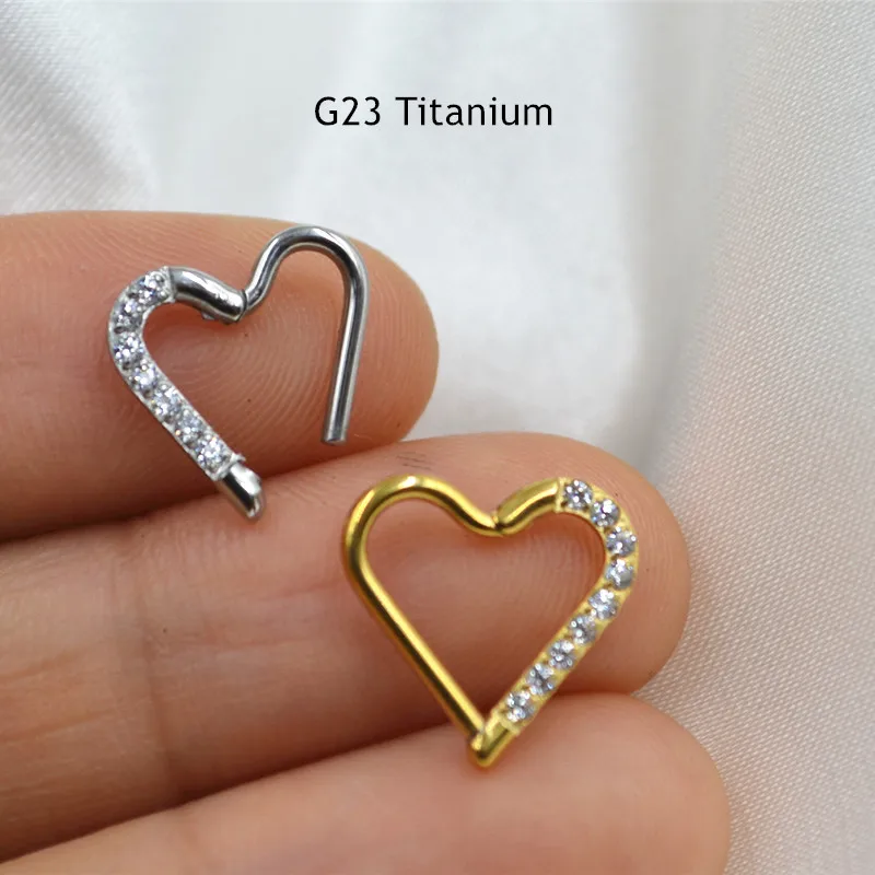 

10pcs G23 Titanium Heart AAAAA CZ Nose Hoop Septum Clicker Hinged Segment Ring Ear Cartilage Helix Rook Tragus 16G Lip Piercing