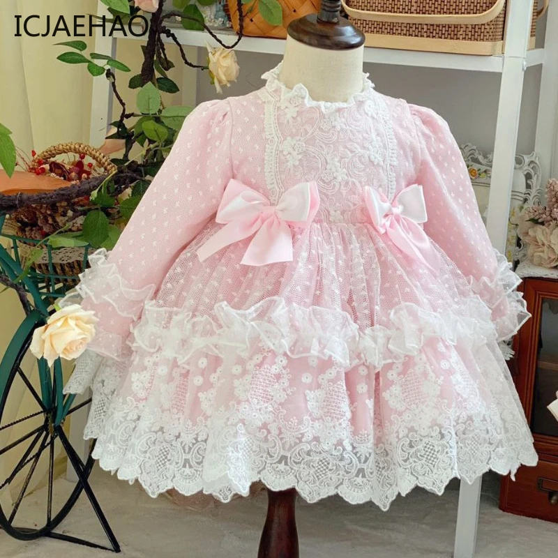 

ICJAEHAO 2024 Baby Clothing Spanish Lolita Dresses For Girls Princess Ball Gowns Lace Bow Stitching Boutique Birthday Party