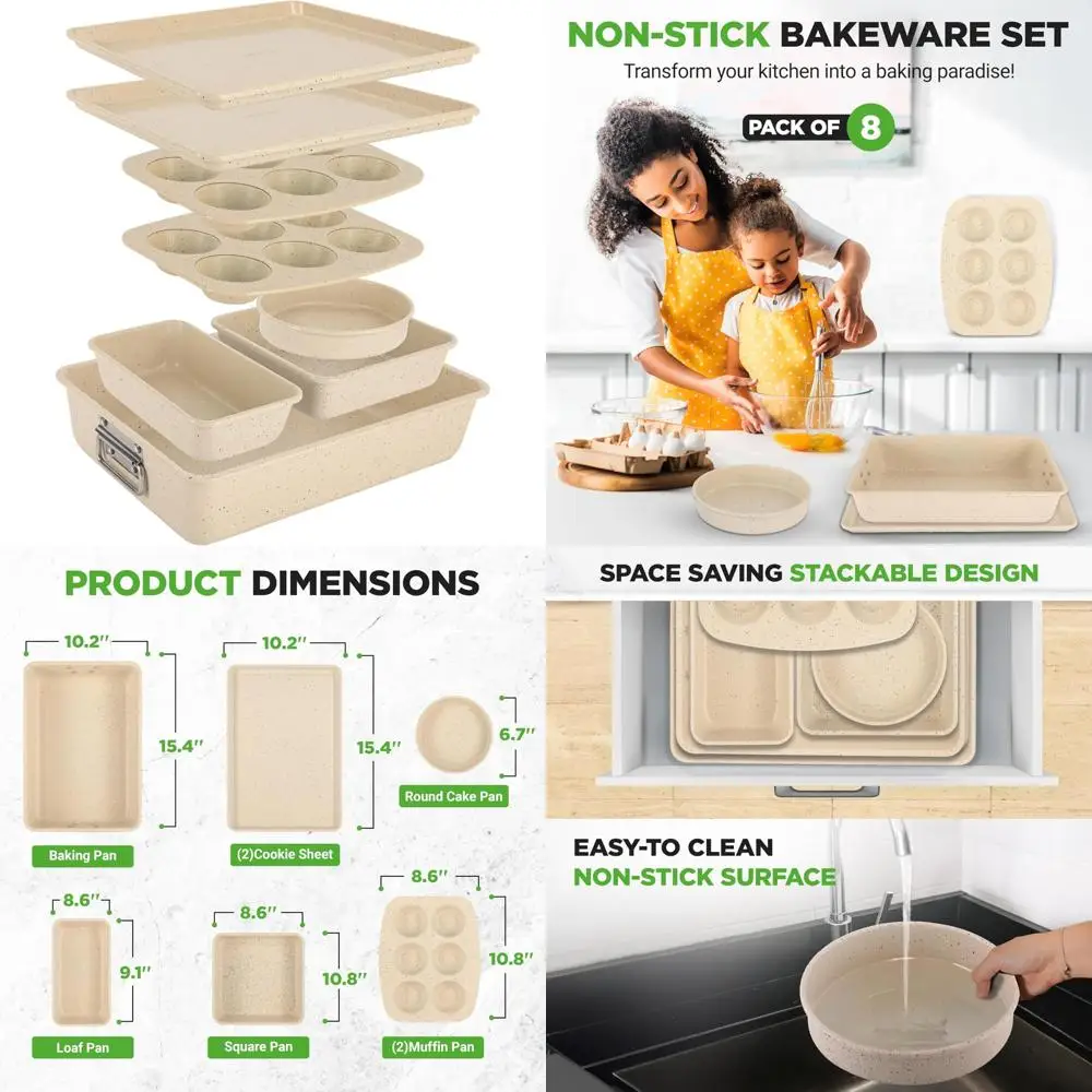 

Carbon Steel Non-Stick 8-Piece Bakeware Set: Stackable Pans, Sheets, Muffin, Round, Loaf, Square Cake, and Deep Pans