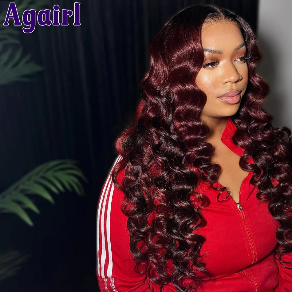 1B/99J 13X4 Loose Deep Wave Lace Frontal Wigs Human Hair Ombre Dark Red Transparent Lace Front Curly Wigs For Black Women 30Inch