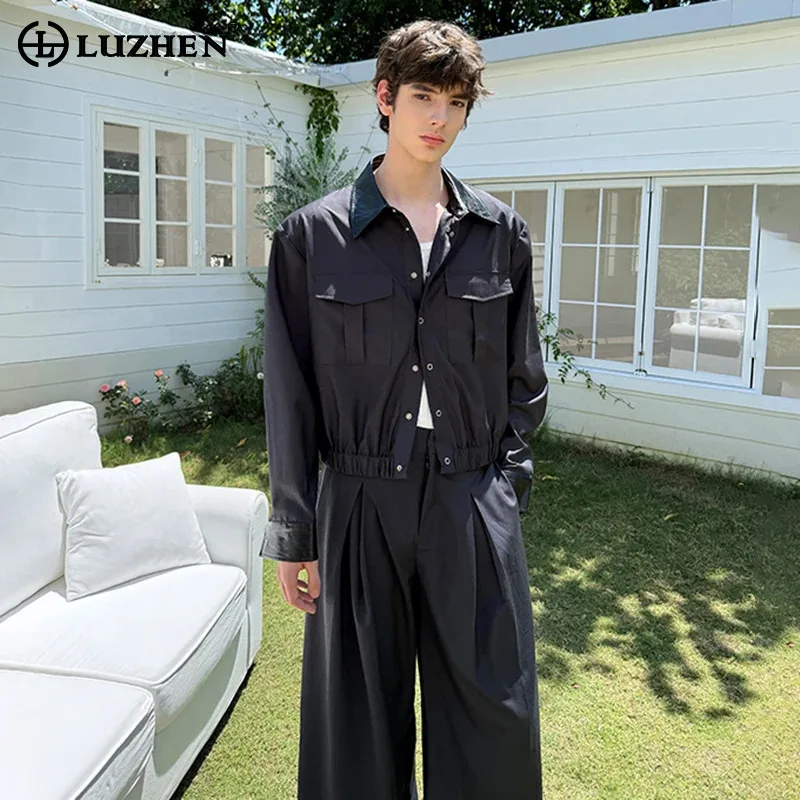 

LUZHEN 2025 осенние комплекты из двух предметов, однотонные, высокое качество, эластичные карманы на талии, украшение, повседневная куртка, мужские новые брюки JY4210