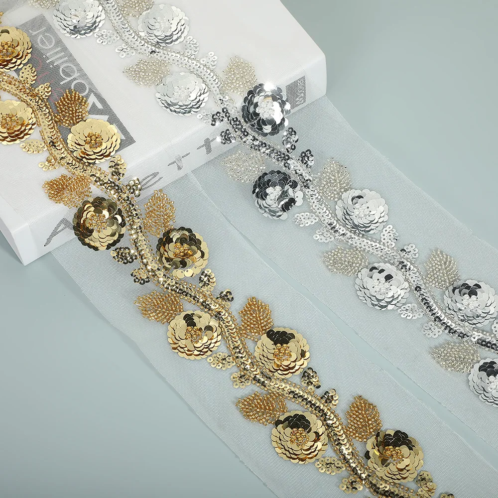 

Ethnic Style Heavy Duty Tube Bead 3D Lace Trim Sequined Flower Patch Appliqué Women's Clothing Wedding Dress Accessories