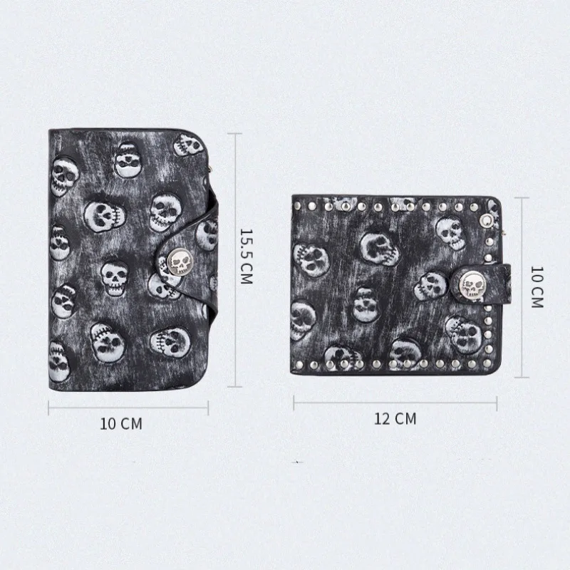 1PC European Style Women Man Wallets Metal Skull Wallet Card Purse PU Leather Skull Wallet With Chain Punk Foldable Buttons Purs