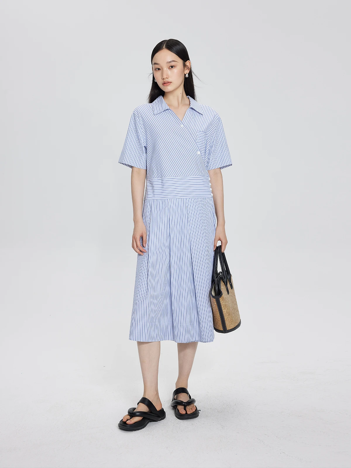 

mat High-End Blue White Striped irt Dr Midi Length Ele Skirt Blank Label Polyester Cotton Blend Summer Dr